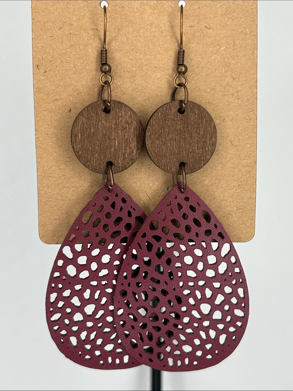 Women Jewelry - Wooden & Burgundy Teardrop Cutout Earrings